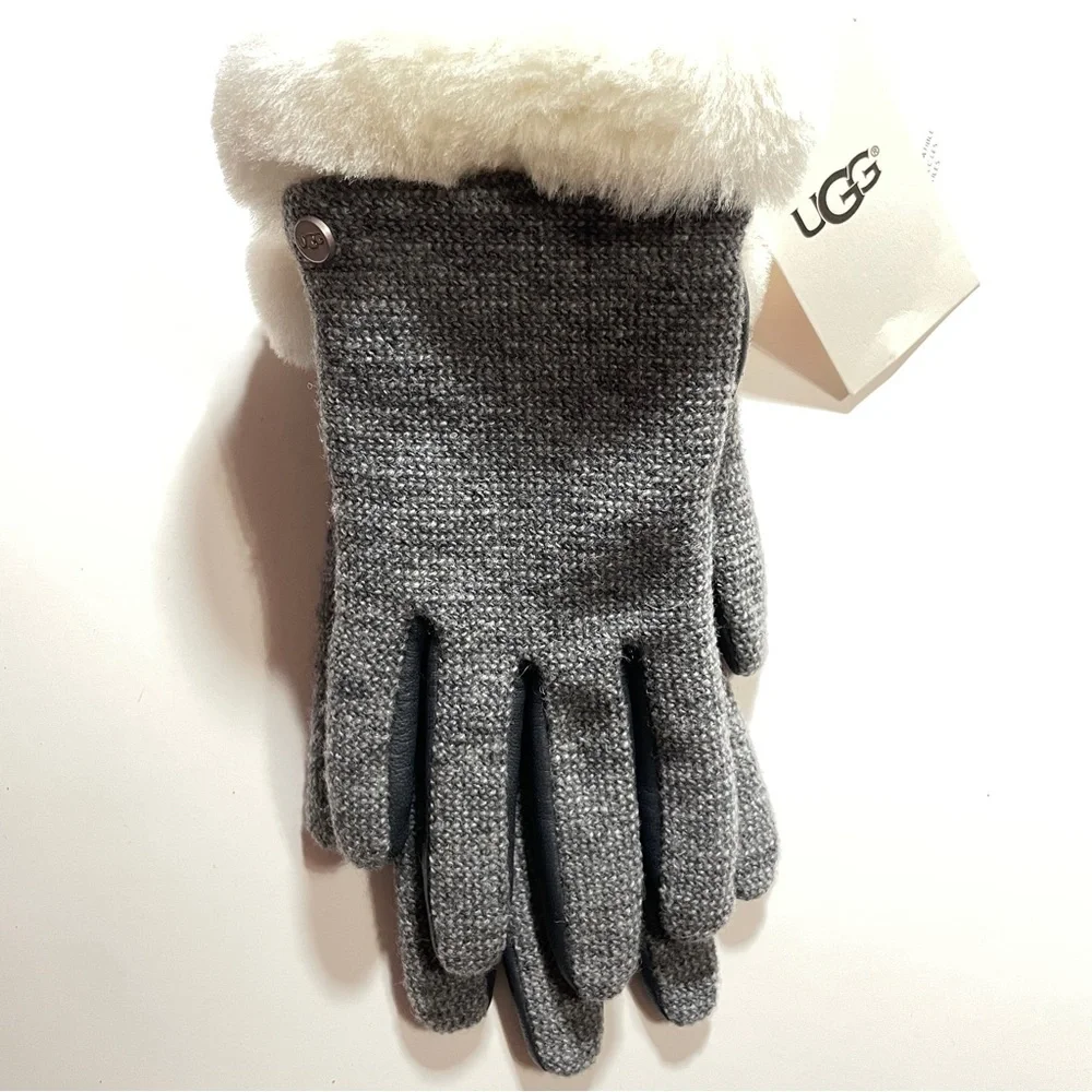 UGG Shearling Leather And Fabric Touchscreen Gloves Women’s Small Gray White